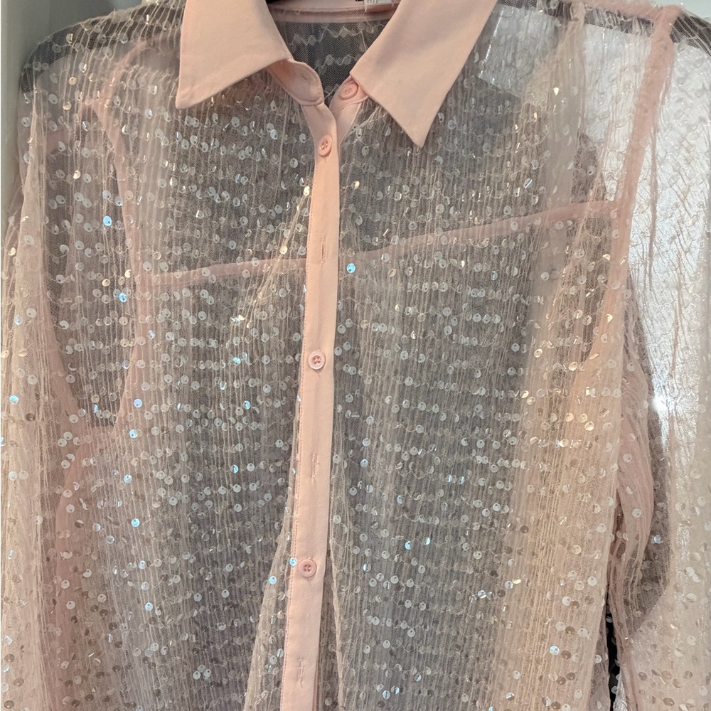 PrettyLittleThing Pink Sequin Sheer Button-Up Top